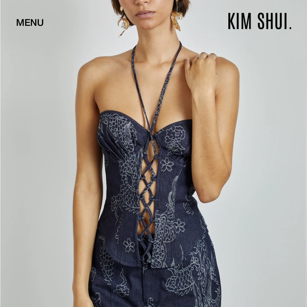 KIM SHUI DENIM DRAGON LACE UP BUSTIER